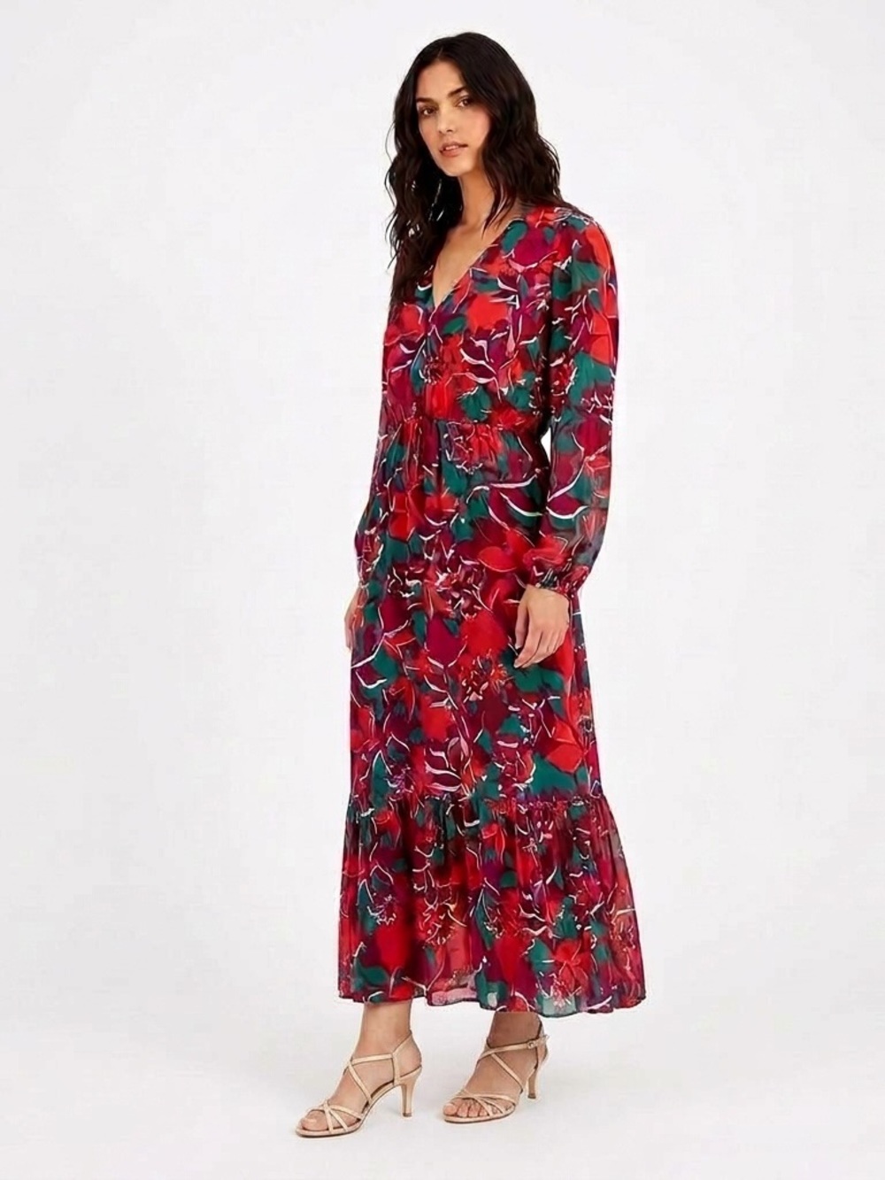 Bar III Floral Long Sleeve Maxi Dress Ruffle Hem Small
